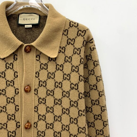 Gucci Brown logo jacquard full-print wool cardigan - Picture 3 of 7